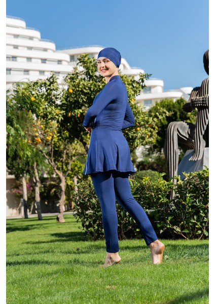 Lacivert Biyeli Etekli Yüzücü 3'lü Takım Micro (Esnek ve Çabuk Kuruyan) Kumaş Tesettür Mayo modelleri