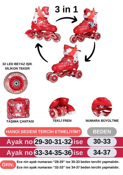 Işıklı Silikon Tekerli Paten Dizlik Dirseklik Setli Kız Erkek Çocuk Pateni Çantalı Dört Tekerlekli