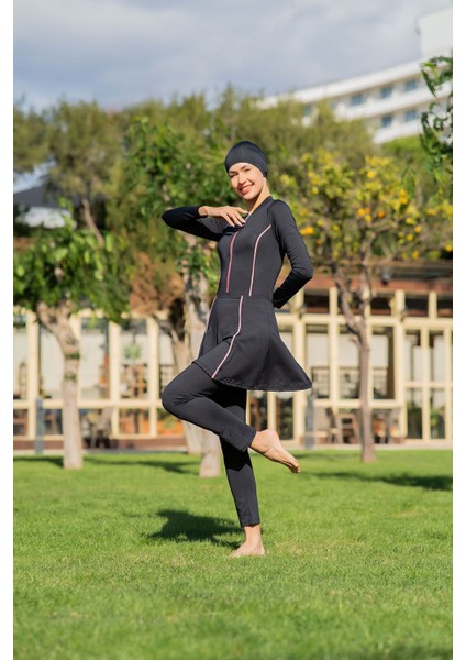 Siyah Biyeli Etekli Yüzücü 3'lü Takım Micro (Esnek ve Çabuk Kuruyan) Kumaş Tesettür Mayo