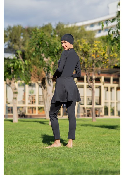 Siyah Biyeli Etekli Yüzücü 3'lü Takım Micro (Esnek ve Çabuk Kuruyan) Kumaş Tesettür Mayo modelleri