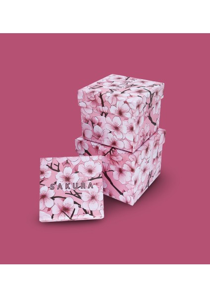 Pembe Sakura Desenli 3'lü Hediye, Kutusu Seti | Mini Kutu Seti