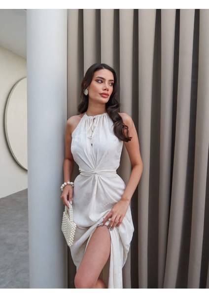 Krem Desenli Belden Bağlamalı Elbise