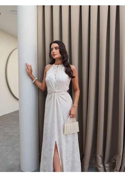 Krem Desenli Belden Bağlamalı Elbise fiyatları