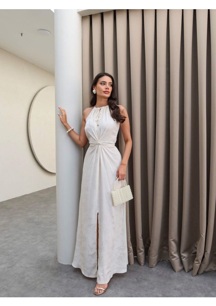 Krem Desenli Belden Bağlamalı Elbise modelleri