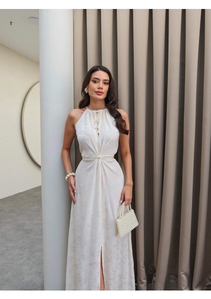 Krem Desenli Belden Bağlamalı Elbise fırsatları