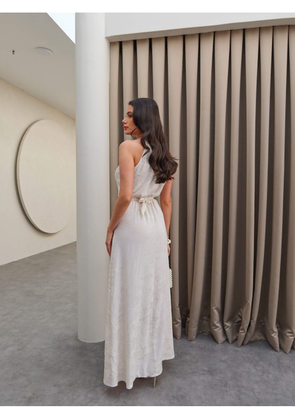 Krem Desenli Belden Bağlamalı Elbise indirimleri