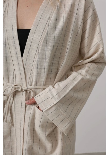 Çizgi Detaylı Bağlamalı Keten Kimono - Natür fiyatları