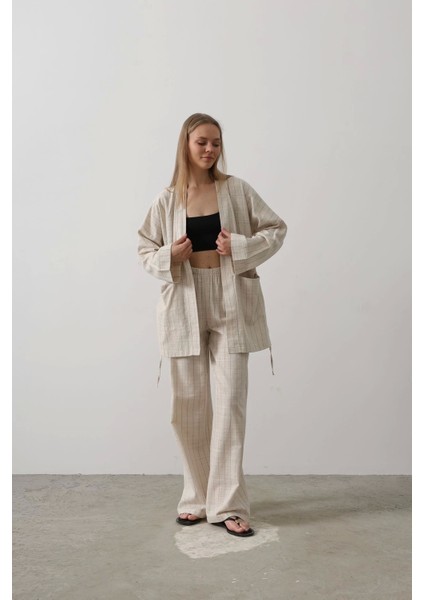 Çizgi Detaylı Bağlamalı Keten Kimono - Natür modelleri
