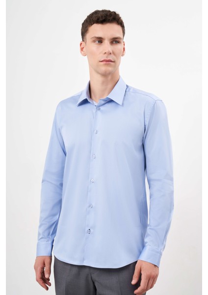 Erkek Mavi Pamuk Düz Desen Sert Yaka Slim Fit Gömlek