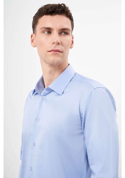 Erkek Mavi Pamuk Düz Desen Sert Yaka Slim Fit Gömlek