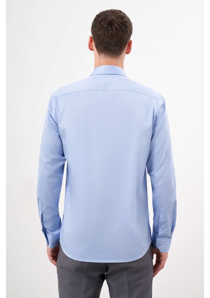 Erkek Mavi Pamuk Düz Desen Sert Yaka Slim Fit Gömlek