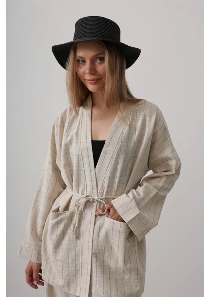 Çizgi Detaylı Bağlamalı Keten Kimono - Natür