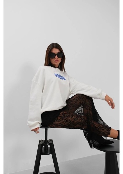 Baskılı Sıfır Yaka Oversize Sweatshirt