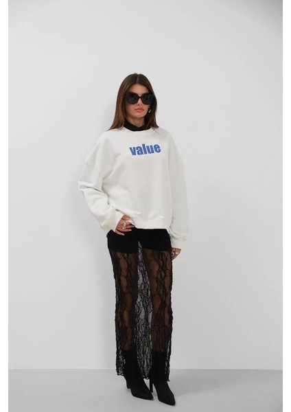 Baskılı Sıfır Yaka Oversize Sweatshirt