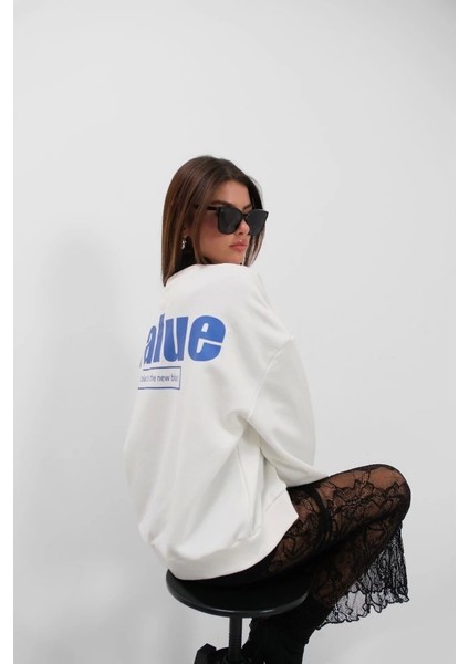 Baskılı Sıfır Yaka Oversize Sweatshirt