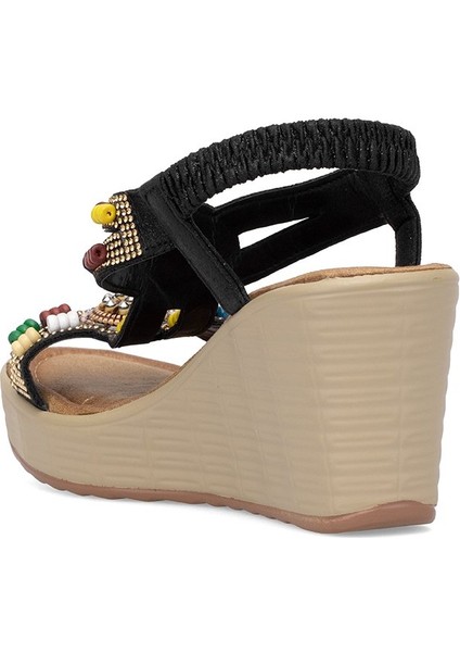 25Y155-1 Kadın Taşlı Dolgu Topuk Sandalet Siyah fırsatları