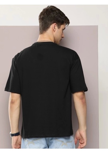 Erkek Baskılı Oversize T-Shirt - Siyah