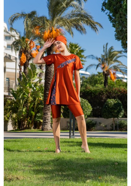 Rukomayo Taba Desenli Yırtmaç Modelli Yarım Kol Lycra ( Su Itici ve Çabuk Kuruyan ) Kumaş Tesettür Mayo