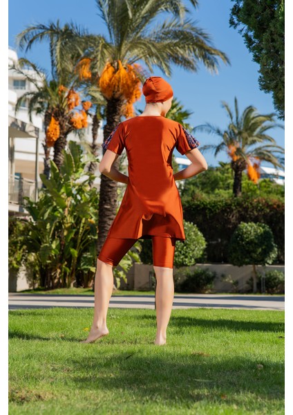 Rukomayo Taba Desenli Yırtmaç Modelli Yarım Kol Lycra ( Su Itici ve Çabuk Kuruyan ) Kumaş Tesettür Mayo fiyatları