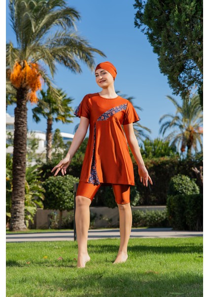 Rukomayo Taba Desenli Yırtmaç Modelli Yarım Kol Lycra ( Su Itici ve Çabuk Kuruyan ) Kumaş Tesettür Mayo fırsatları