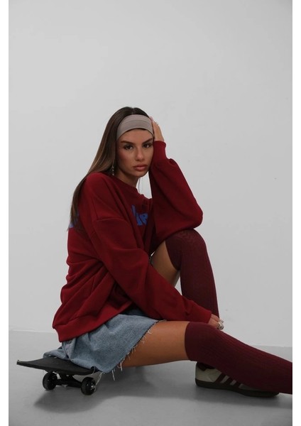Baskılı Sıfır Yaka Oversize Sweatshirt