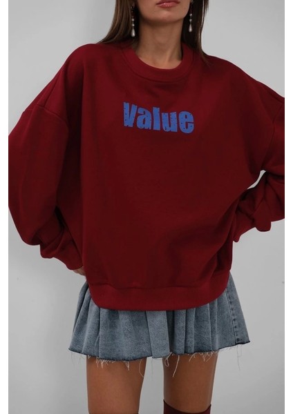 Baskılı Sıfır Yaka Oversize Sweatshirt
