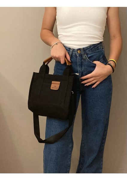 El ve Omuz Çantası Kanvas Tote Bag Siyah