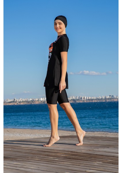 Rukomayo Siyah Desenli Yarım Fermuarlı Yarım Kol Lycra ( Su Itici ve Çabuk Kuruyan ) Kumaş Yarı Tesettür Mayo fiyatları