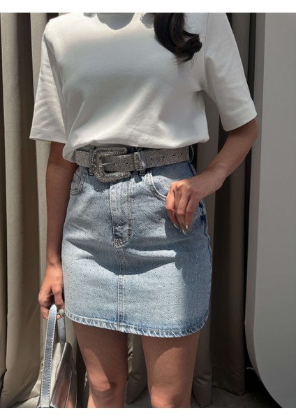 Taş Detaylı Denim Etek