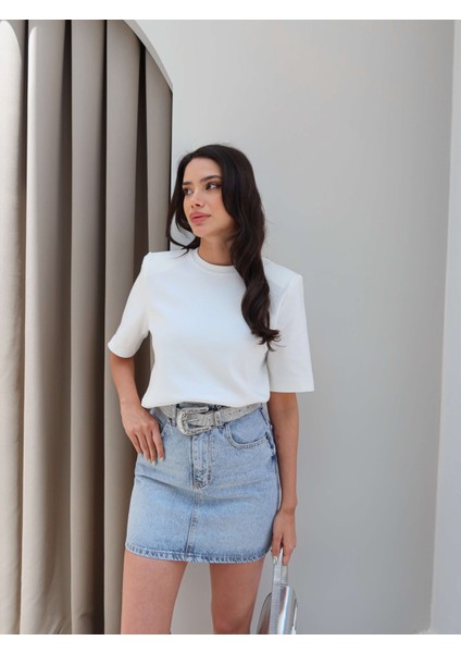 Taş Detaylı Denim Etek