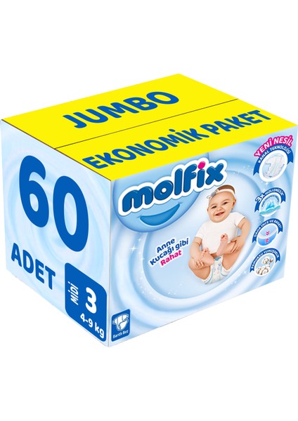 Bebek Bezi Beden:3 (4-9kg) Midi 60 Adet Jumbo Ekonomik Pk