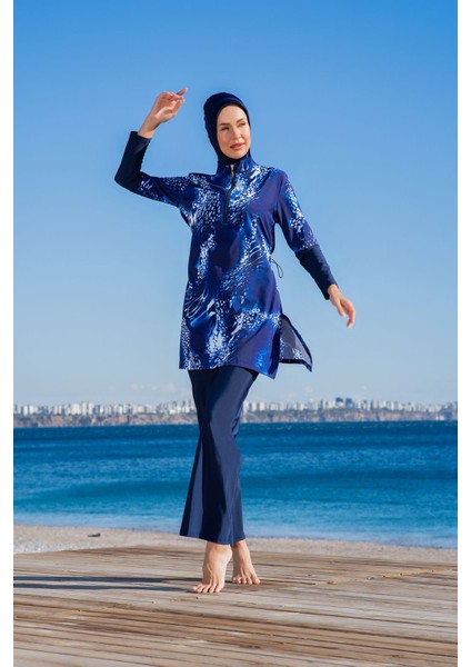 Rukomayo Lacviert Desenli Yarı Fermuarlı Lycra Paraşüt ( Su Itici ve Çabuk Kuruyan ) Kumaş Tesettür Mayo