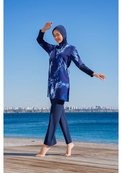 Rukomayo Lacviert Desenli Yarı Fermuarlı Lycra Paraşüt ( Su Itici ve Çabuk Kuruyan ) Kumaş Tesettür Mayo fırsatları