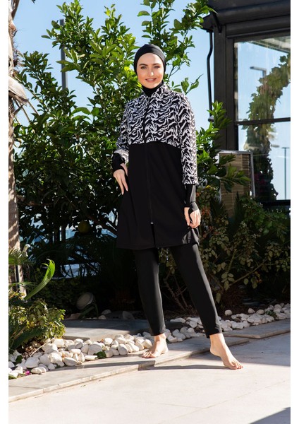 Rukomayo Siyah Beyaz Desenli Crop Model Eldivenli Lycra Paraşüt ( Su Itici ve Çabuk Kuruyan ) Kumaş Tesettür Mayo
