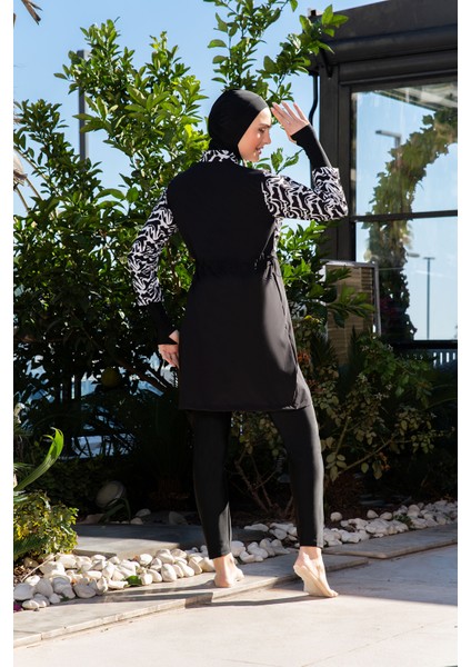 Rukomayo Siyah Beyaz Desenli Crop Model Eldivenli Lycra Paraşüt ( Su Itici ve Çabuk Kuruyan ) Kumaş Tesettür Mayo fiyatları