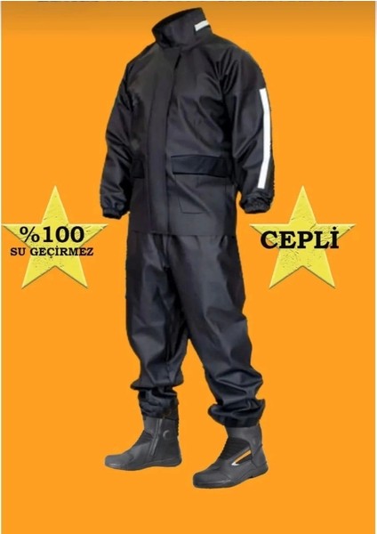 Unisex Tam Kalıp Motorcu Cepli Kurye Su Gecirmez Yağmurluk Takım - Siyah