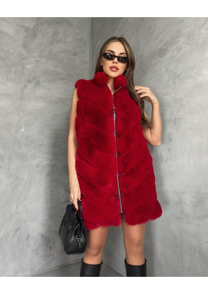 Kırmızı Renk Kesik Kürk Yelek