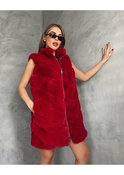 Kırmızı Renk Kesik Kürk Yelek modelleri