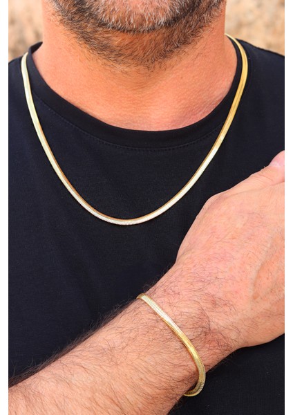 925 Ayar Gümüş Gold Kaplama Yılan Derisi Model Ezme Zincir Kolye ve Bileklik Kombini 201024152