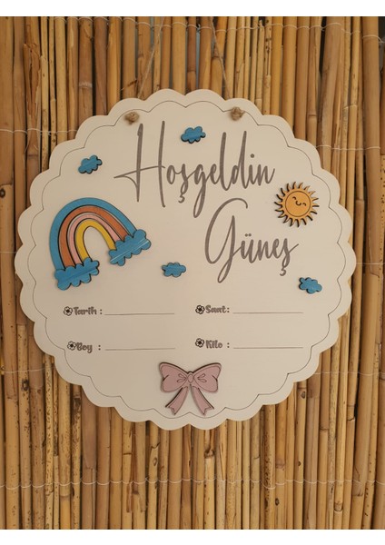 Isme Özel Bebek Odası Duvar Panosu - Ölçü Tablosu - Gökkuşağı Güneş Temalı