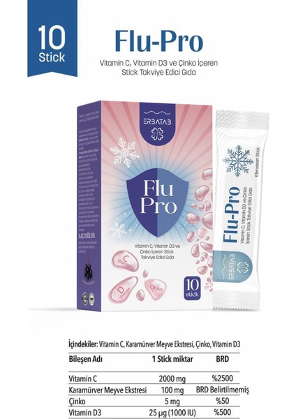 Flu-Pro Vitamin C Vitamin D3 Çinko ve Karamürver Ekstresi 10 Stick