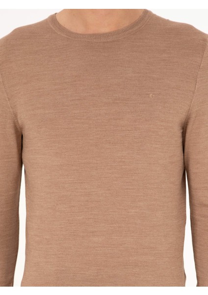 Erkek Camel Slim Fit Bisiklet Yaka Yün Karışımlı Basic Triko Kazak 50293301-VR015