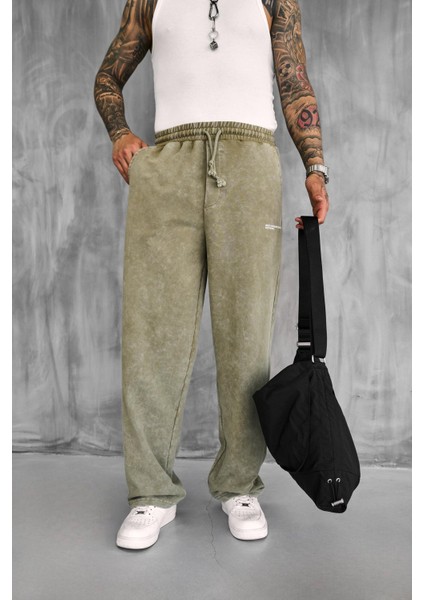 Erkek Baskılı Yıkamalı Baggy Fit Eşofman Haki