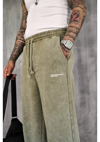 Erkek Baskılı Yıkamalı Baggy Fit Eşofman Haki