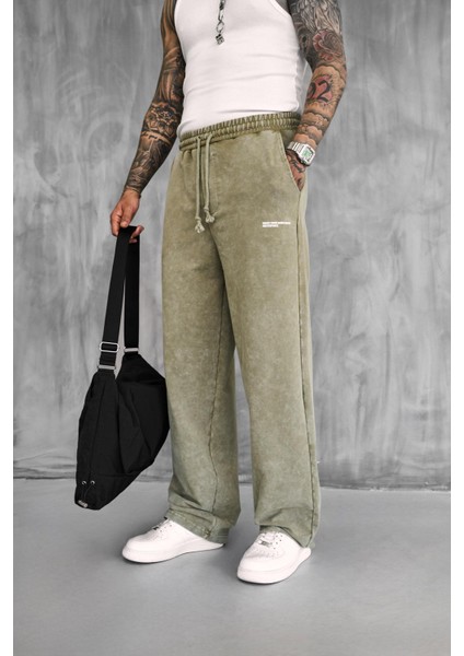 Erkek Baskılı Yıkamalı Baggy Fit Eşofman Haki
