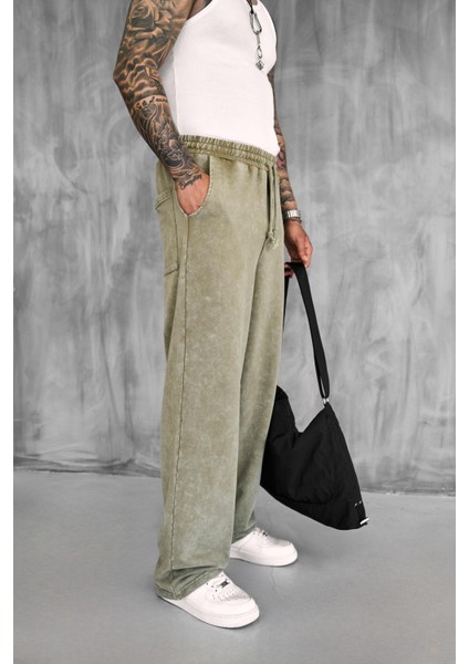 Erkek Baskılı Yıkamalı Baggy Fit Eşofman Haki