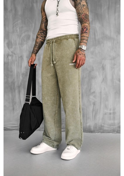 Erkek Baskılı Yıkamalı Baggy Fit Eşofman Haki