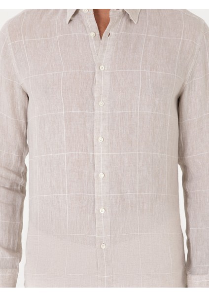Erkek Bej Regular Fit Kareli %100 Keten Gömlek 50300534-VR011