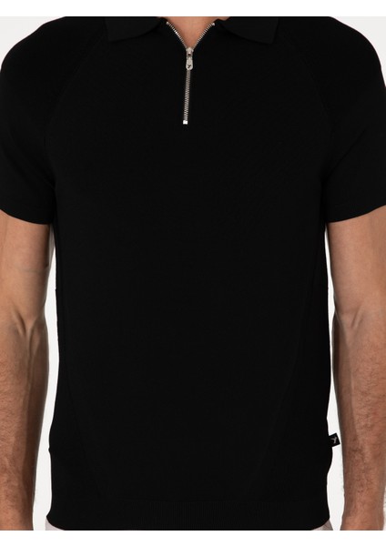 Erkek Siyah Slim Fit Fermuarlı Polo Yaka Triko T-shirt 50300797-VR046