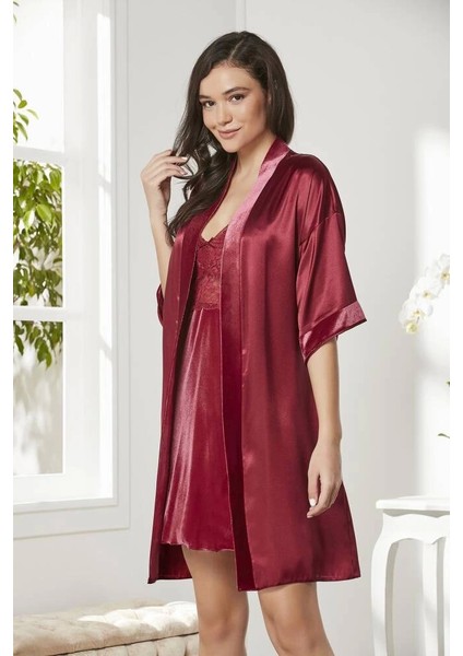 Pierre Cardin 4045 Kadife Saten Dantelli Gecelik ve Sabahlık Takımı